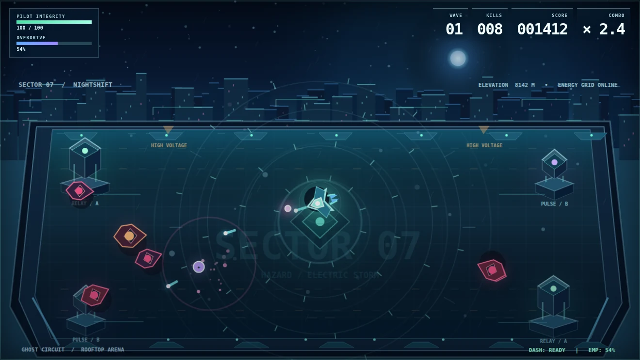 Actual Ghost Circuit gameplay capture showing the rooftop, player ship, enemies, laser fire, isometric machinery and live HUD