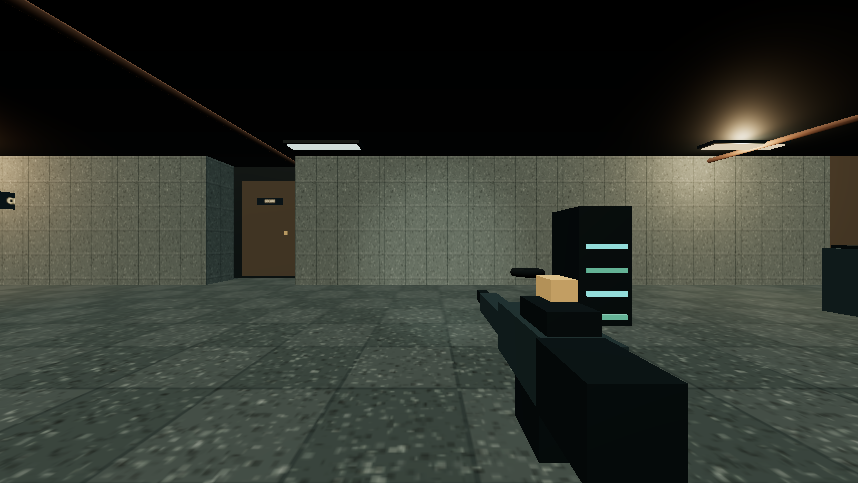 Unedited BREACHPOINT browser game frame showing an actual first-person weapon, concrete facility, a door and illuminated equipment rack.