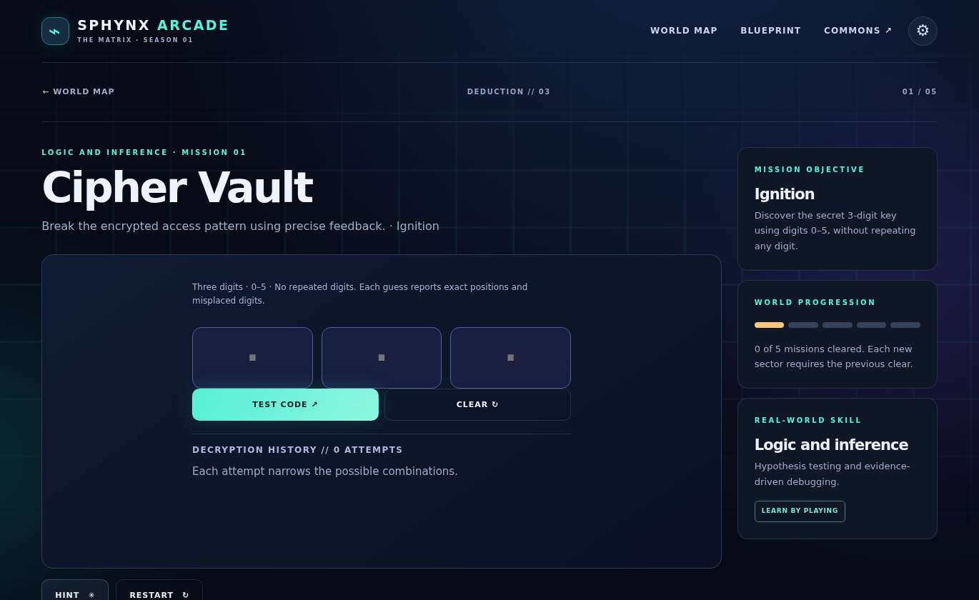 Cipher Vault mission screenshot with three large input boxes for a secret code and a history area showing the deduction-based feedback interface.