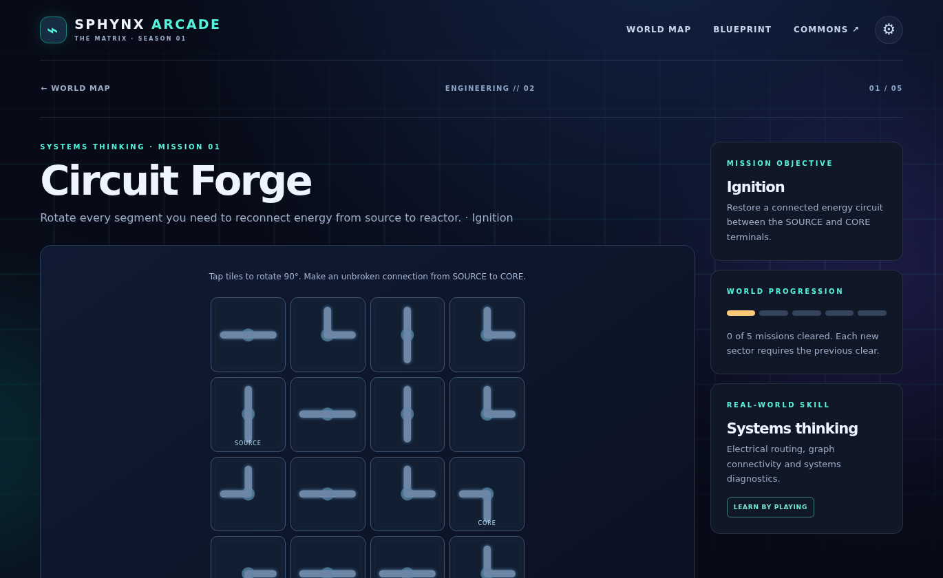 Circuit Forge mission screenshot with sixteen rotatable pipe tiles arranged in a four-by-four square, source on the left and an unlit reactor core on the right.