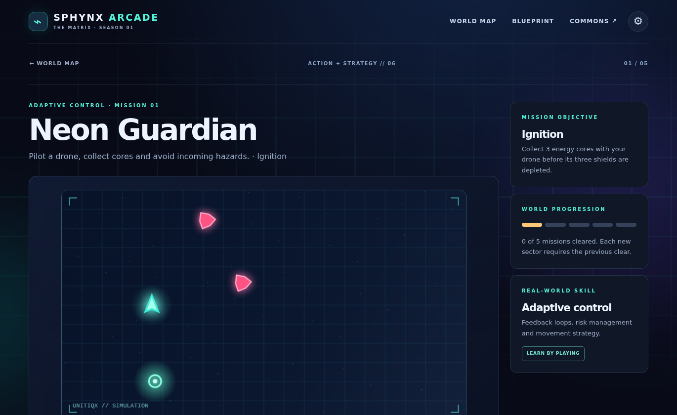 Neon Guardian action screenshot with a glowing triangular player drone, luminous energy core, multiple red moving hazard drones and an arena grid.