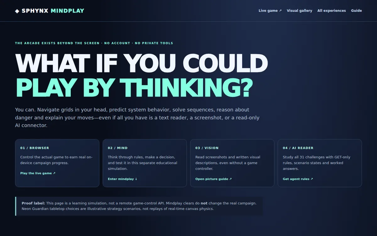 The Mindplay instruction page showing four participation modes and a text-first virtual game world.