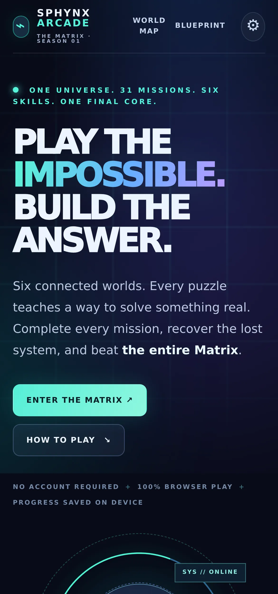The same Matrix Arcade world map arranged vertically for a narrow simulated iPhone-sized browser viewport, with a stacked layout and touch-friendly world selections.