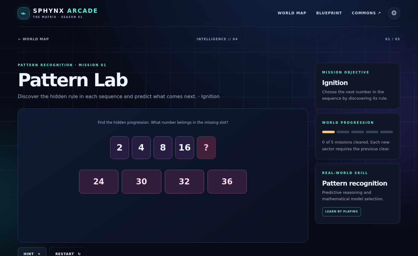 Pattern Lab screenshot showing a number sequence and four possible answers in a stylized neon educational puzzle interface.