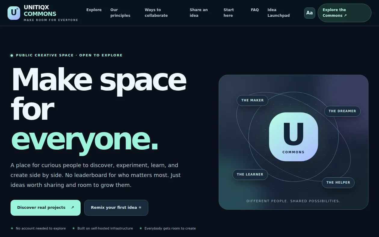 Actual screenshot of the public UNITIQX Commons landing interface, captured in a fresh browser session.