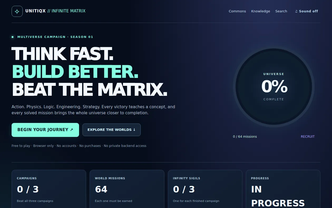 Actual screenshot of the public Infinite Matrix Arcade landing interface, captured in a fresh browser session.