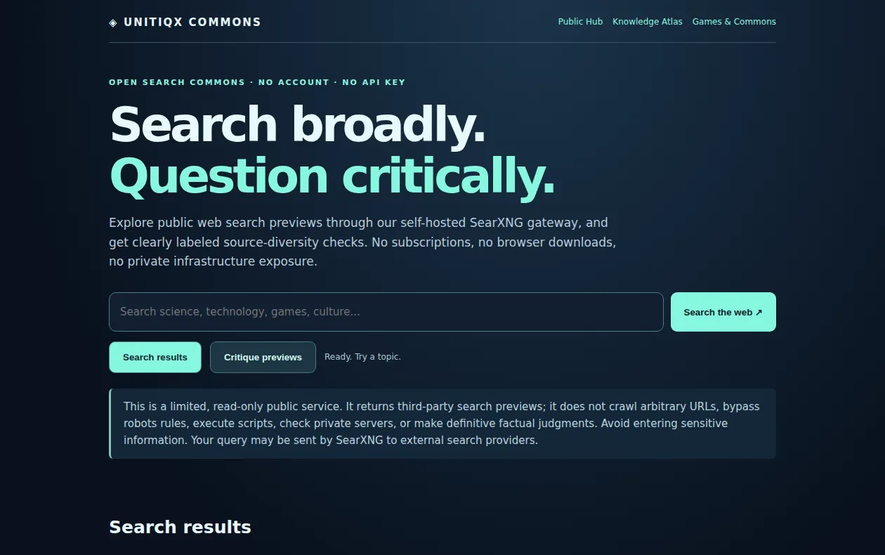 Actual screenshot of the public Public Search Commons landing interface, captured in a fresh browser session.