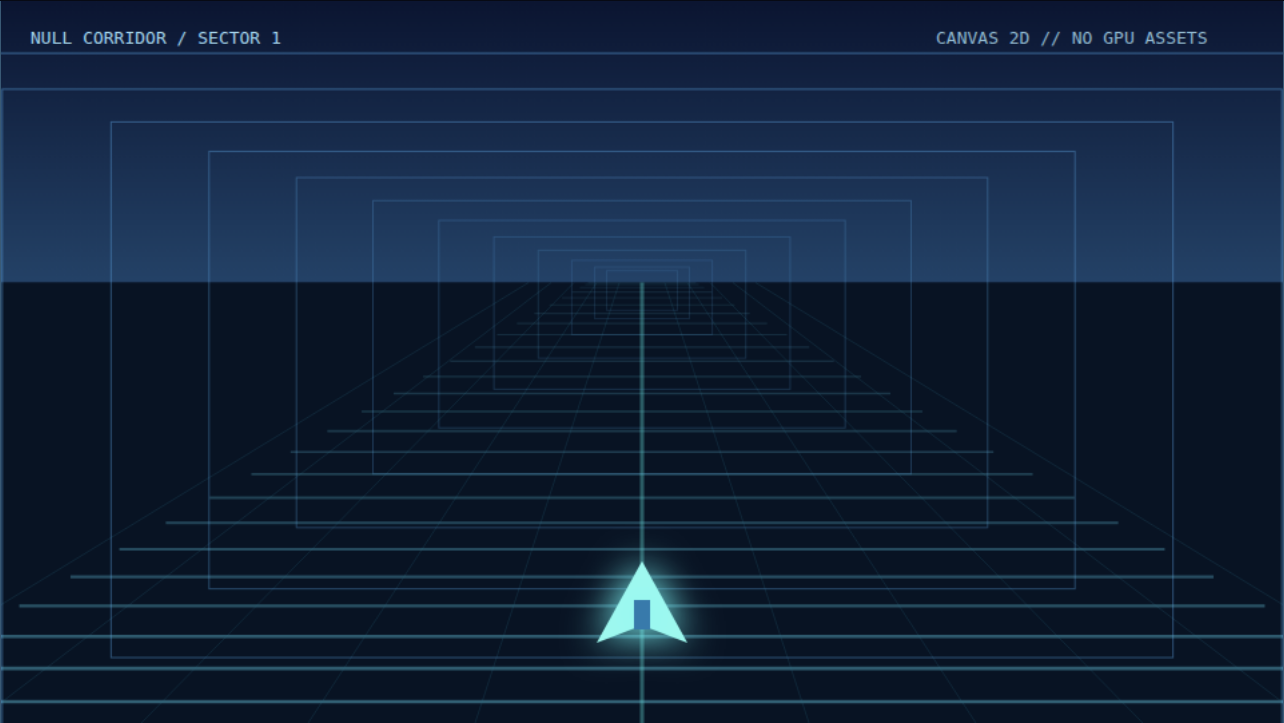 Actual Hyperdrift canvas game: a simple cyan ship inside a blue wireframe perspective corridor.