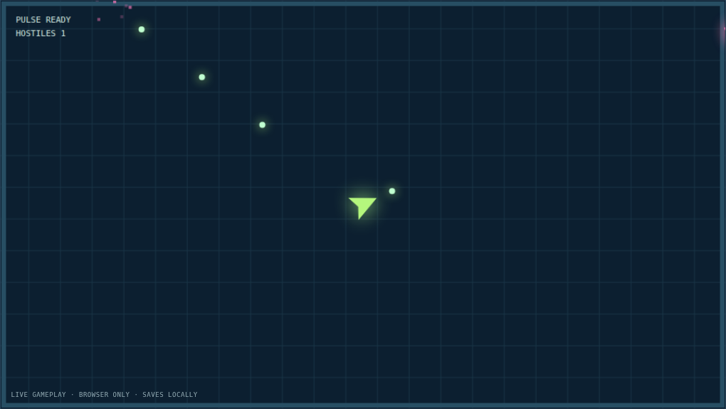 Actual Pocket Realms Rift Survivor canvas game: a green triangular craft navigating a sparse blue grid with glowing projectiles.