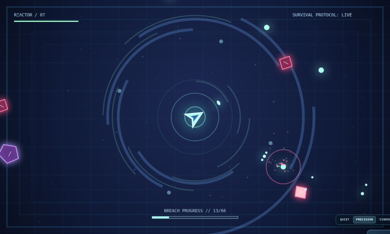 Actual live gameplay screenshot of Neon Requiem, showing its neon arena, player craft, enemy drones and combat effects