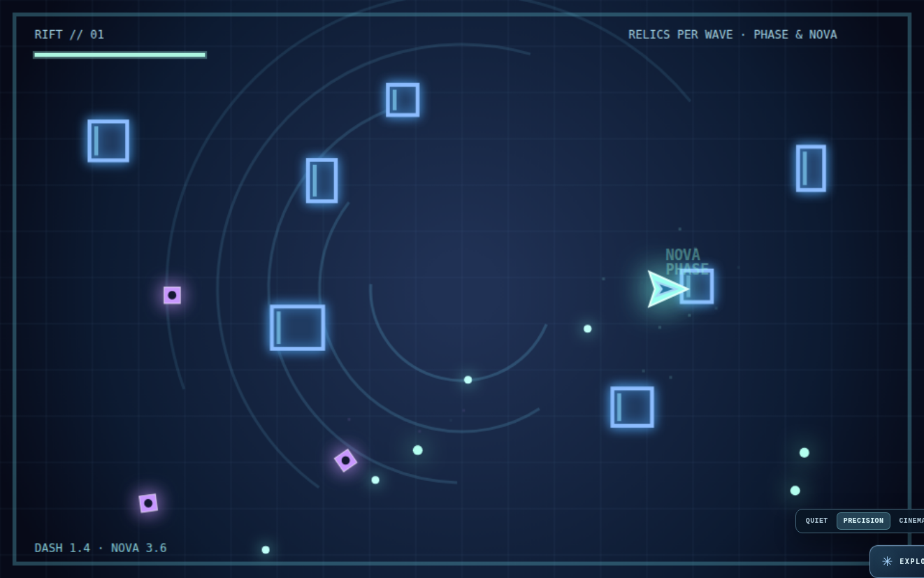 Actual browser-captured Riftbreak gameplay: a top-down sci-fi arena with enemies, player ship, projectiles and crystalline obstacles