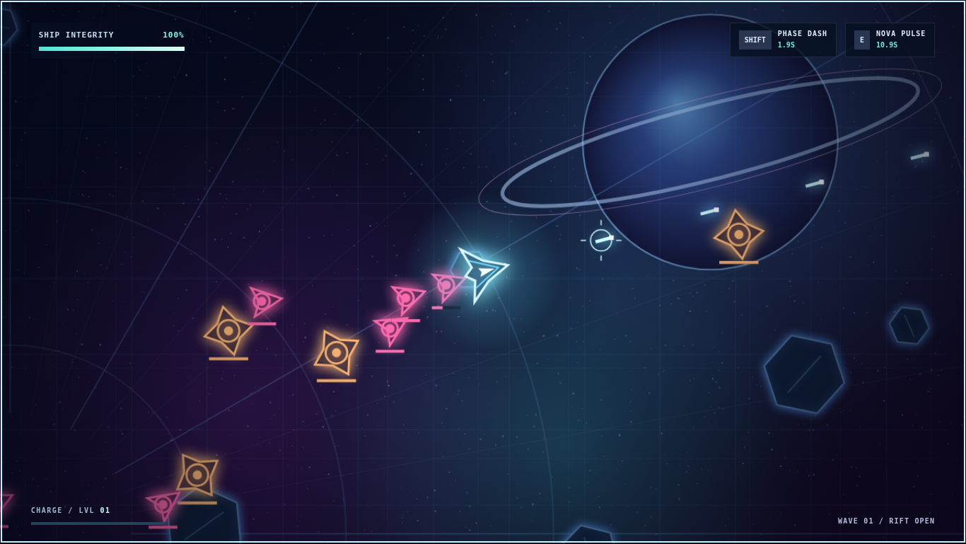Actual NOVA FALL game running: a luminous triangular spacecraft fighting pink and orange enemies in a violet space arena beneath a ringed planet.