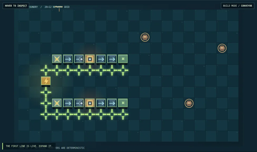 Actual Canvas screenshot from Chrome Foundry: working conveyor lines, smelters, power wires, industrial grid and shipments