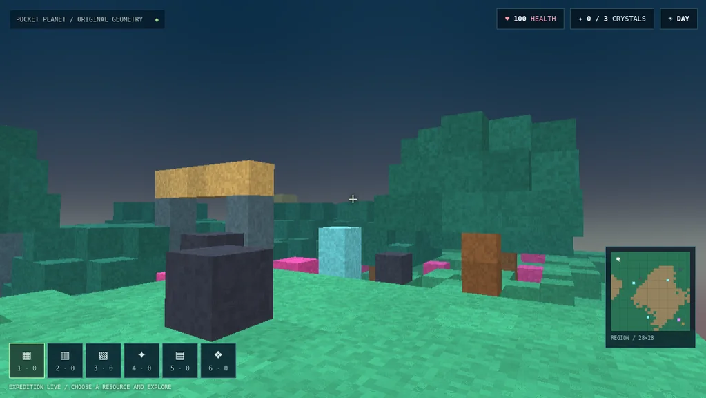 Actual WebGL screenshot from playable Voxel Wilds: turquoise voxel terrain, forest, crystal ruins, minimap and survival HUD