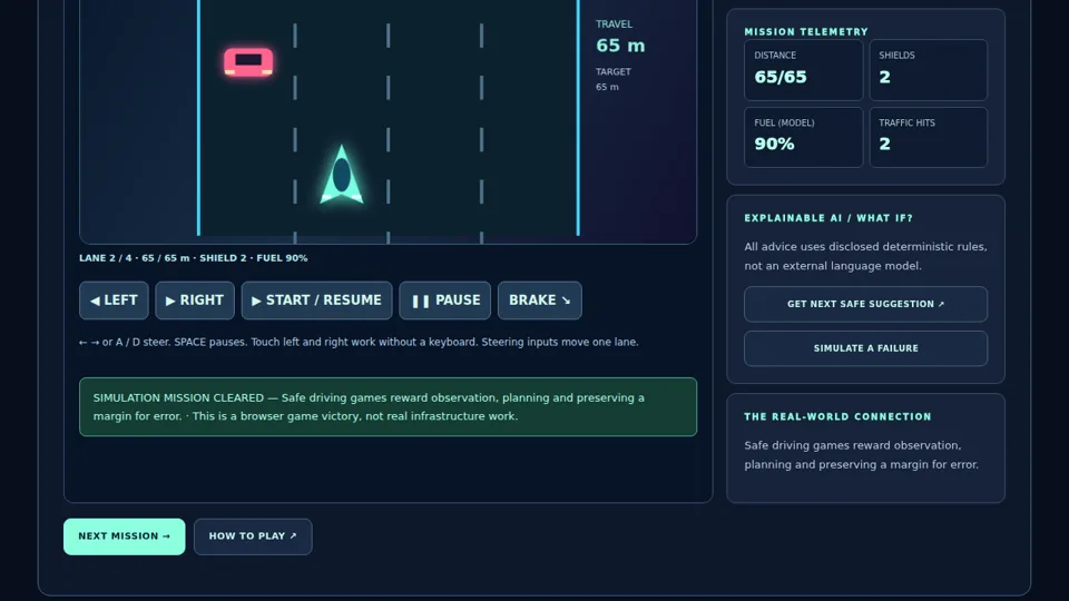 Actual staging browser view of the Velocity Shift mission after a successful automated game action sequence